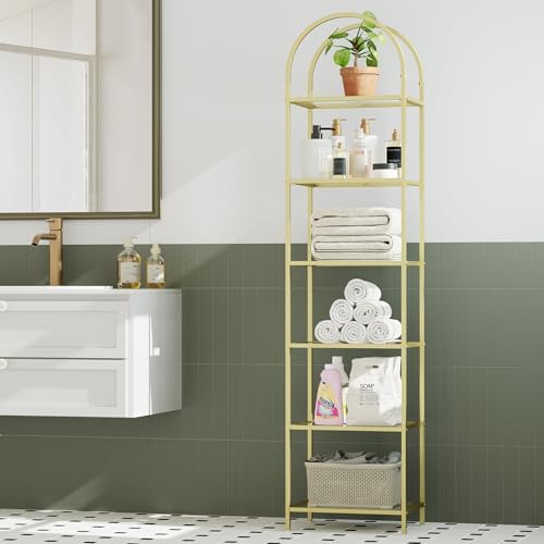 Homhedy 6-Tier Tall Gold Bookshelf, Arched Bookcase - Image 7