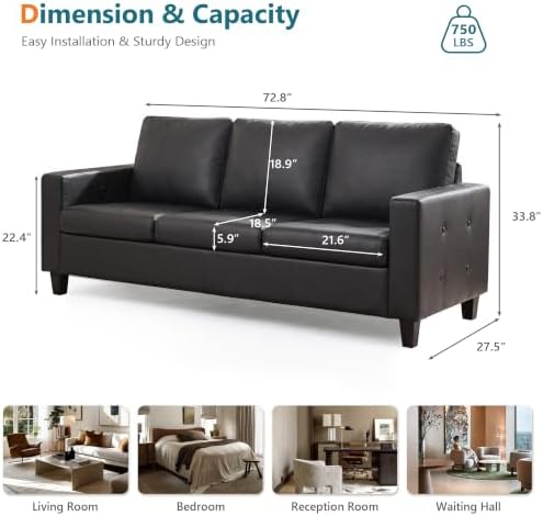STHOUYN 73” Black Faux Leather Sofa, 3 Seater Couch - Image 2
