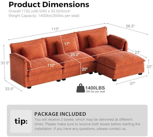 ELUCHANG 113" Oversized Modular Sectional Sofa, L Shaped Comfy Cloud Couch - Image 2