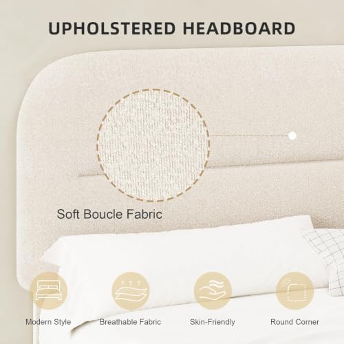 HOMBCK Twin Bed Frame, Cream Boucle Upholstered Platform Bed - Image 4