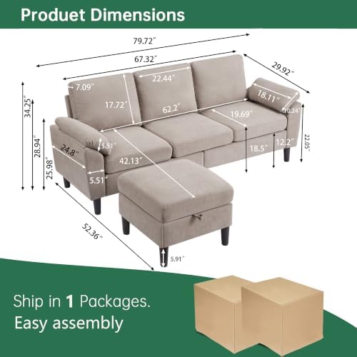 80" L Shaped Couch with Storage, Small Sectional Couches - Image 2