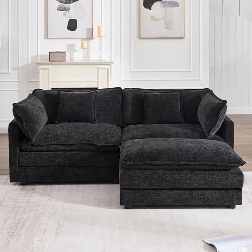 Tmsan 76.7" Black L Shaped Sectional Couch, Cloud Loveseat Sofa w/Ottoman - Image 3