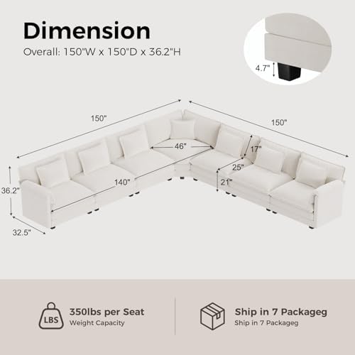 ELUCHANG 150" Oversized Modular Sectional Sofa, Comfy Chenille Cloud Couch - Image 2