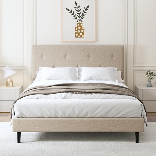Full Size Linen Bed Frame with Adjustable Headboard Beige by Mxhtcewz