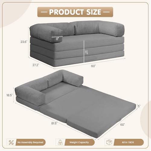 5-in-1 Convertible Sofa Bed, Corduroy Futon Couch Sleeper - Image 2