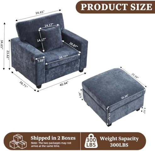 41'' Single Armchair with Ottoman Tufted Sofa Set with Type-C&USB Charging - Image 2