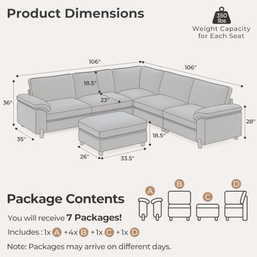 SITJOY Cloud Couch Sectional, 5 Seater V Shape Sofa, Chenille in Navy Blue - Image 2