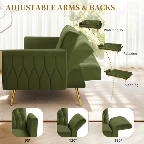 70” Velvet Futon Sofa Bed w/Adjustable Armrests, Olive Green - Image 4