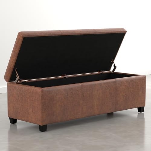 SIMPLIHOME Avalon 48" Vegan Leather Ottoman in Distressed Pecan Brown - Image 4