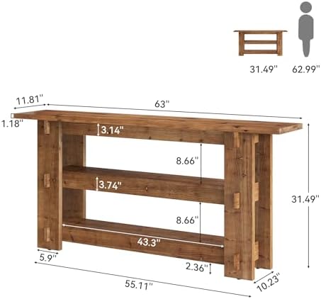 63" Solid Wood Console Table, Farmhouse Sofa Table Behind Couch - Image 2