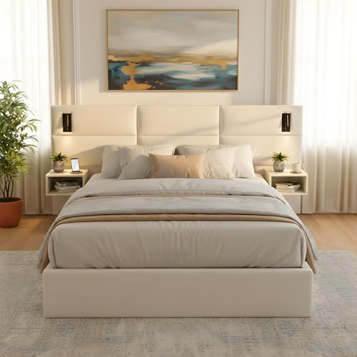 Queen Size Bed Frame with LED Lights and Floating Shelves, Modern Chenille - Image 3