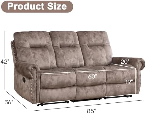 EBELLO Manual 3 Seat Reclining Sofa Couch, Soft Fabric 3 Seater Recliner Couch - Image 2
