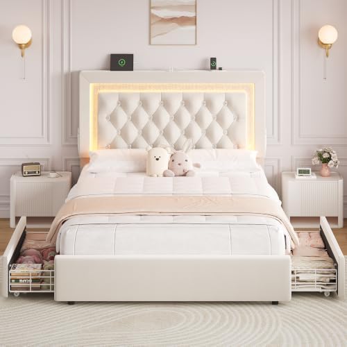Queen Bed Frame with Storage Drawers and LED Lights, Velvet Upholstered - Image 3