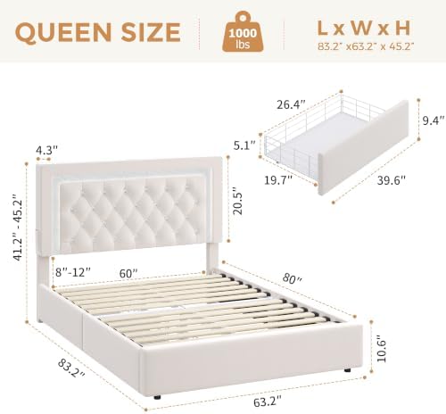 Queen Bed Frame with Storage Drawers and LED Lights, Velvet Upholstered - Image 2