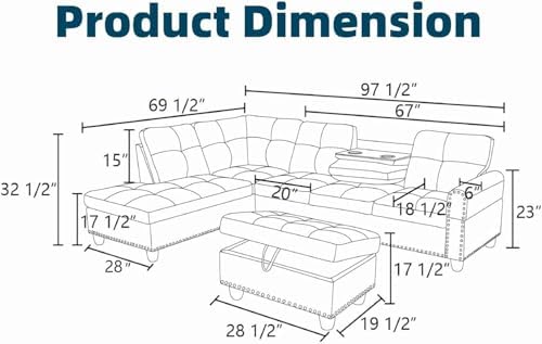 Leather L-Shaped Couch Set, 97.5"L x 69.5"W Sectional Sofas Black - Image 2