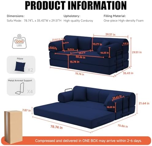 79" Memory Foam Sofa Bed, High Backrest Convertible Futon Boneless Couch - Image 2