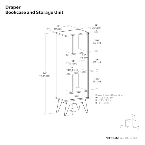 SIMPLIHOME Draper 64" Tall Solid Wood 5-Shelf Bookcase in Auburn Brown - Image 3