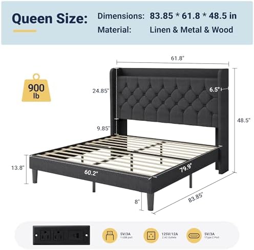 Allewie Queen Bed Frame, Storage Headboard & Charging Station, Dark Gray - Image 2