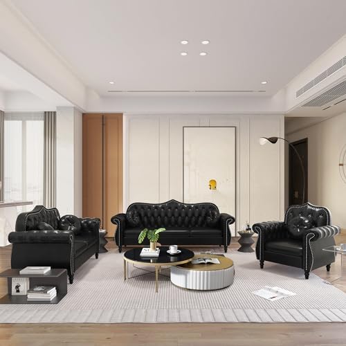 AVZEAR 82" Three Seater Leather Sofa, Chesterfield Sofa, Mid-Century Modern PU - Image 6
