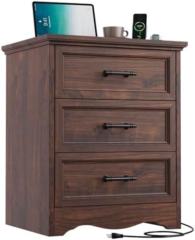 YANSNWO Walnut Nightstand with Charging Station, 19.7" 3-Drawer End Table by YANSNWO