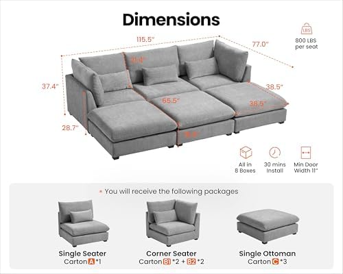 115" Oversized Chenille Modular Sectional Sofa Couches - Image 2