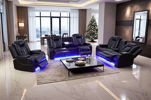 Power Recliner Sofa Set with LED, 3 Pieces Sectional Couch, Breathing Leather by COSYMOORFURNITURE