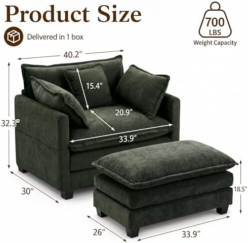 41" Oversized Chair with Ottoman, Chenille Reading Chair and a Half, Deep Seat - Image 2