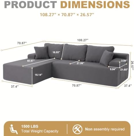 Hobestluk Boneless Couches Modular Sectional Sofa L-Shape Oversized Chaise - Image 2