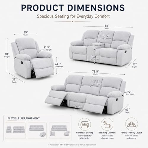 Living Room Furniture Set, 3 Piece Recliner Sofa Set, Leather Recliner Sofa Set - Image 2