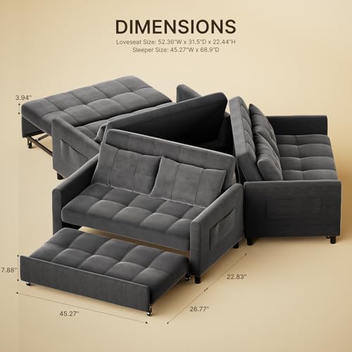 Gizoon 3 in 1 Velvet Sleeper Sofa Bed, 52 Inch 2-Seat Pull Out Couch - Image 3