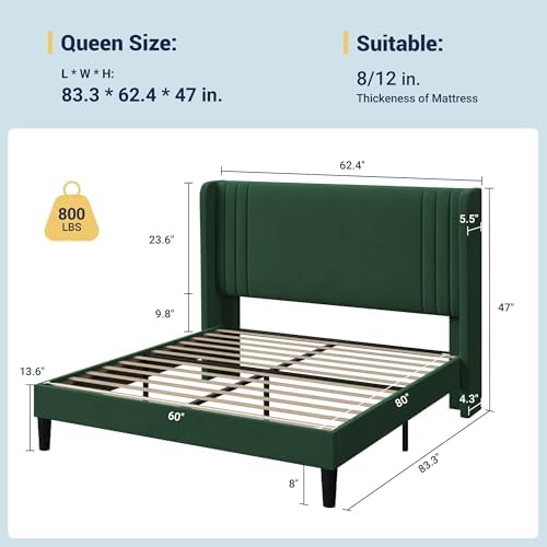 Allewie Queen Size Velvet Platform Bed Frame, Tall Wingback Headboard - Image 2