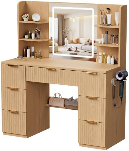 LIVELYGLOW 43" Large Natural Wood Makeup Vanity Desk - Image 2