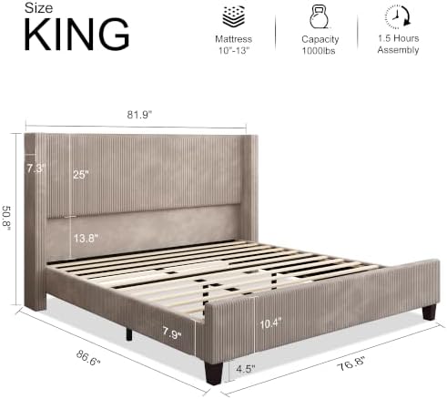 HOWE King Size Bed Frame with 50.8 Inch Corduroy Wingback Headboard - Image 2