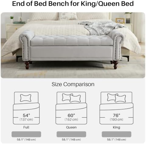 SOFTHION 58.1" Storage Bench for Bedroom, Velvet Upholstered, Light Grey - Image 5