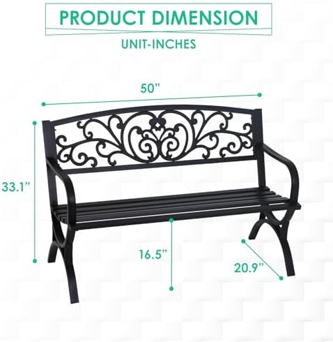 FDW | 50" Outdoor Garden Bench | Black | 485lbs Load Capacity - Image 3