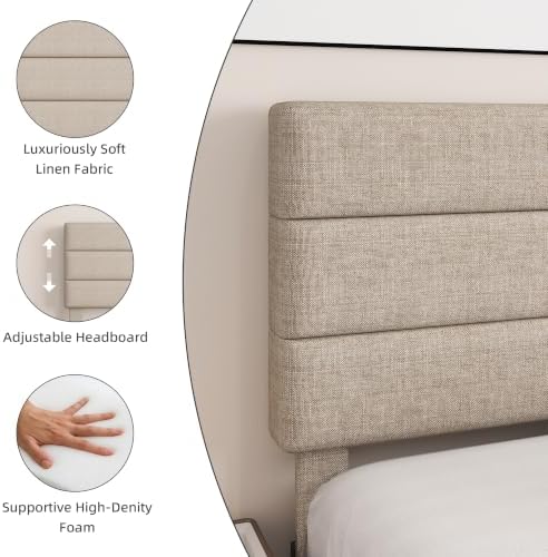 Full Platform Bed Frame with Adjustable Linen Fabric Upholstered Headboard - Image 3