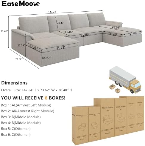 EASE MOOSE 147" U Shaped Boneless Sofa, Sectional Couches - Image 2