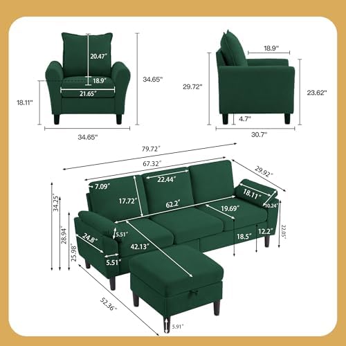 Convertible Sectional Sofa Set, Linen Upholstered 3 Seat Sofa and 35" Accent - Image 2