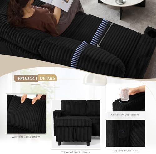 84" Corduroy Upholstered Sofa Bed w/Adjustable Backrests - Image 4