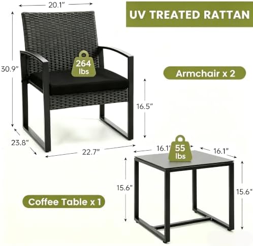 Murago Outdoor 3-Piece Wicker Bistro Set, Patio Conversation Set - Image 2