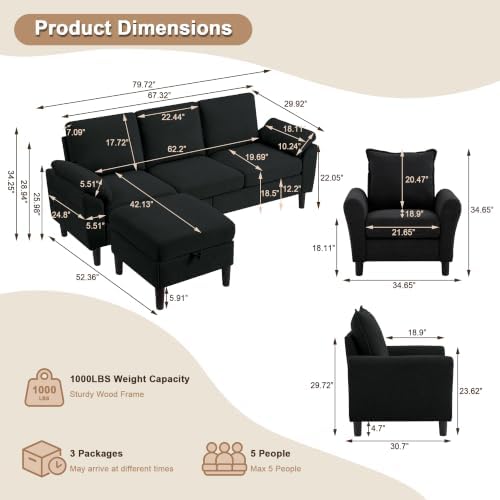 3 Pieces Sectional Sofa, Couch Set - Image 2