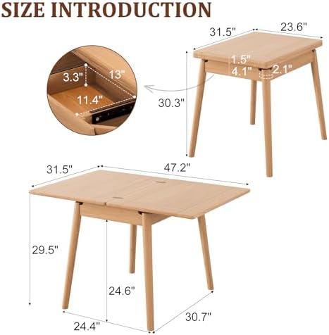 Solid Wood Small Dining Table, 23.6"L-47.2"L Expandable Kitchen Table - Image 2