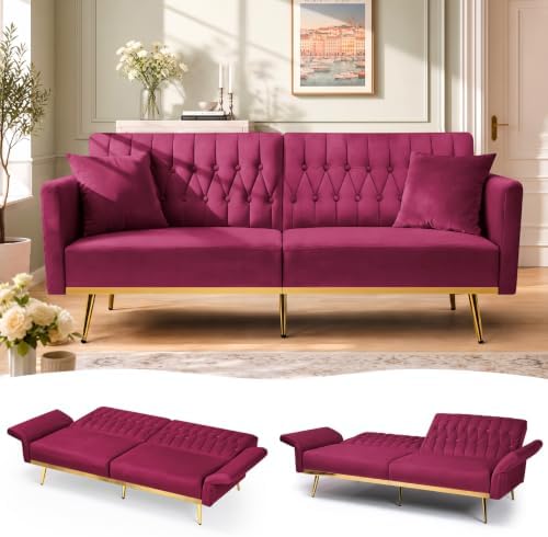 70” Velvet Futon Sofa Bed w/Adjustable Armrests by ACMEASE