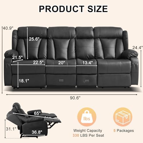 90.6" Reclining Sofa 3 Seater Recliner Couch - Image 3