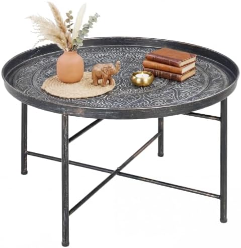 HOMCOM 24" Hammered Round Coffee Table Vintage Metal Side Table Pewter by HOMCOM
