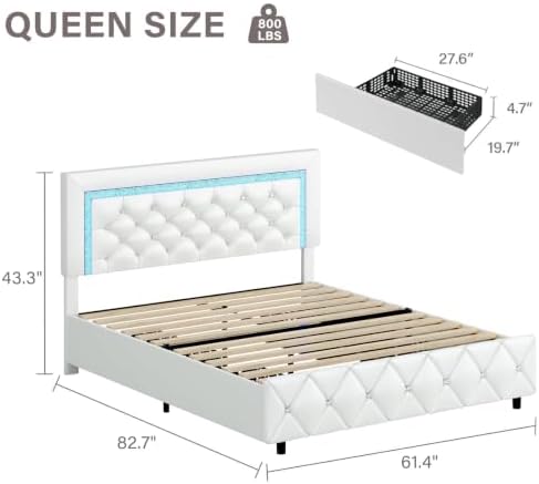 Queen Bed Frame with LED Lights, Upholstered Bed Frame with Storage Drawers - Image 2