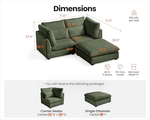 77" Oversized Corduroy Modular Sectional Sofa Couches - Image 2