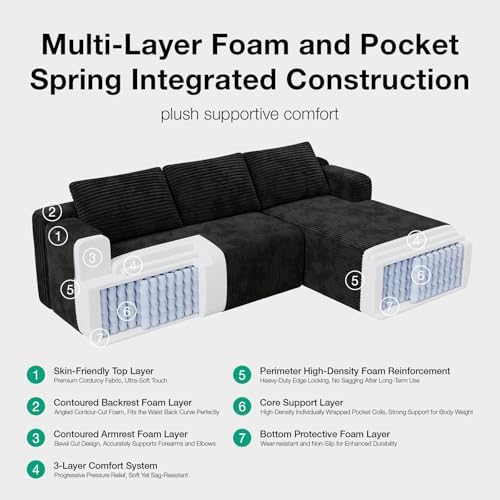 Novilla Modular Sectional Sofa Bed Boneless Couch, Corduroy Black - Image 4