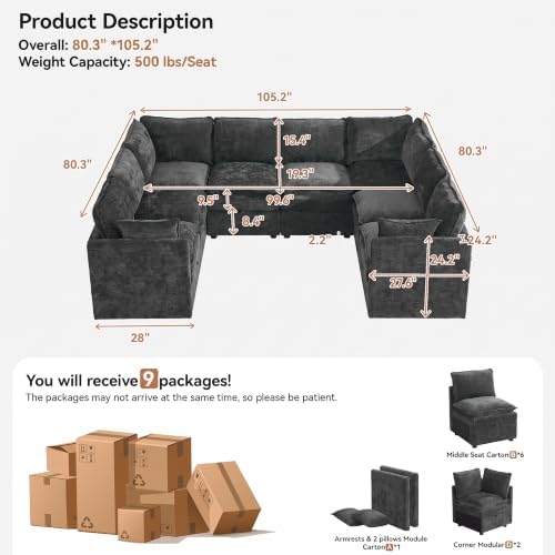 105" Dark Grey Oversized Modular Storage Sofa, U Shaped Chenille Couch - Image 2