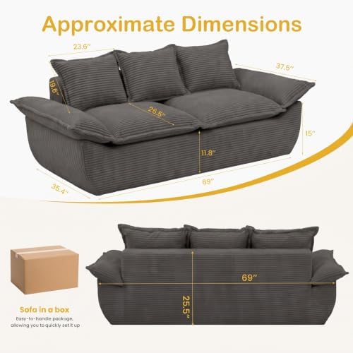 69" Boneless Loveseat Sofa, 2-Seater Gray Boneless Couch - Image 2